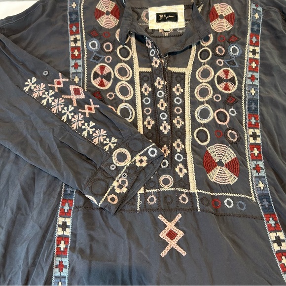 JOHNNY WAS Biya Sz XL Slate Grey Silk Embroidered Tunic Midi Dress Long Sleeve - Picture 6 of 11